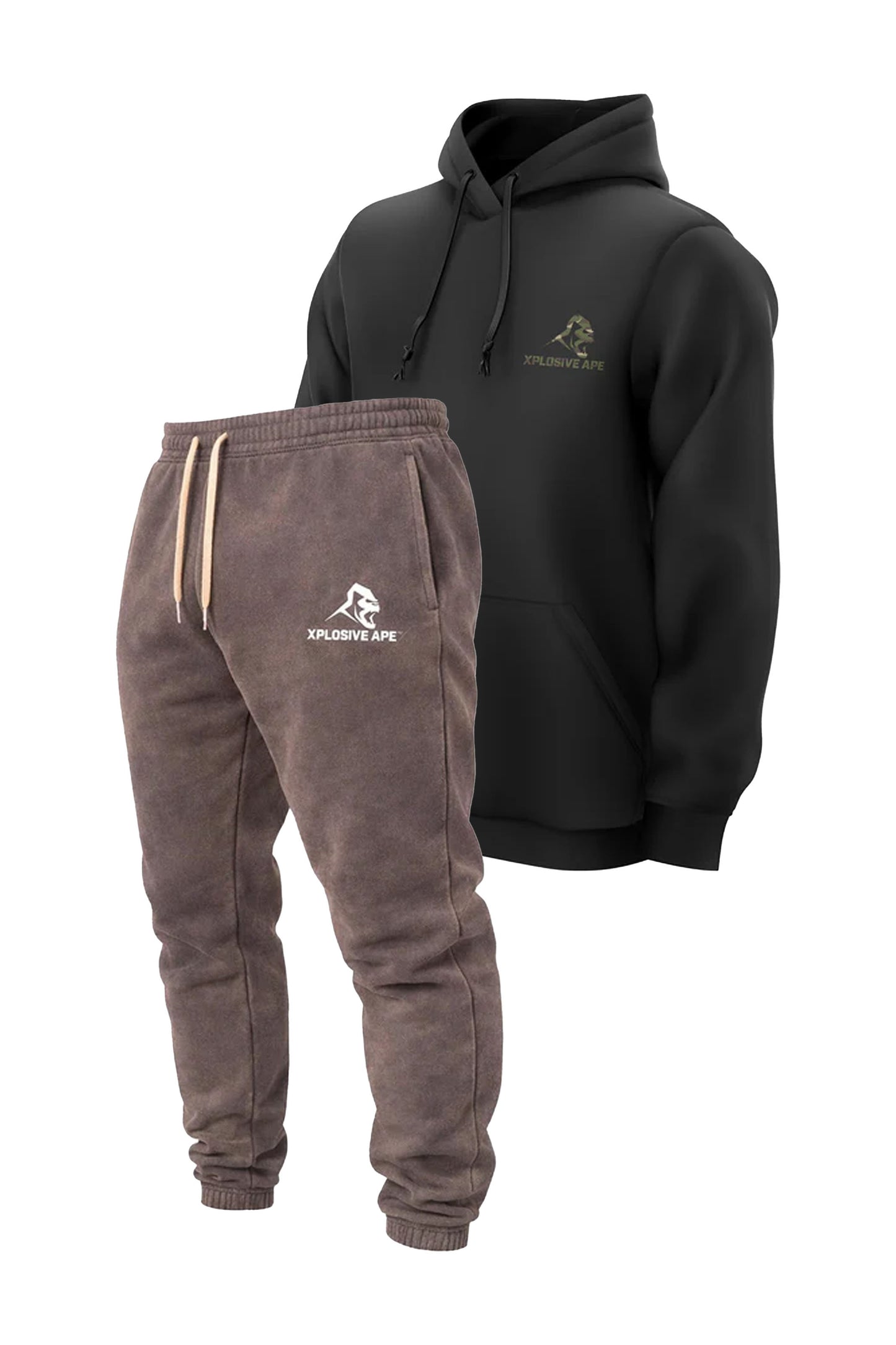 XAPE Essential Camo String Hoodie & Vintage Wash Joggers - Black/Brown