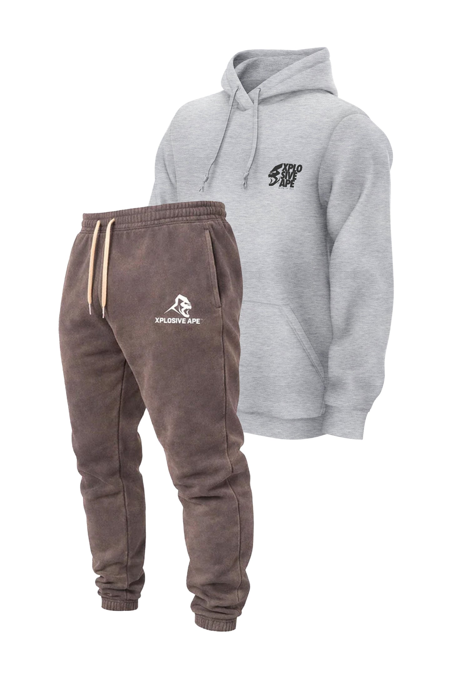 XAPE Ultimate Ape V2 String Hoodie & Vintage Wash Joggers - Heather Grey/Brown