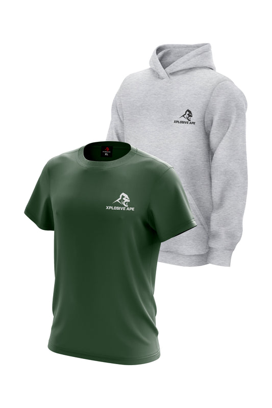 XAPE Classic Hoodie & Logo Tee Combo - Sports Grey/Military Green