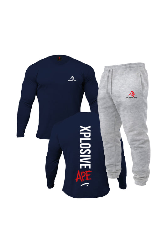 XAPE Navy Graffiti Long Sleeve Tee & Sports Grey Classic joggers Combo