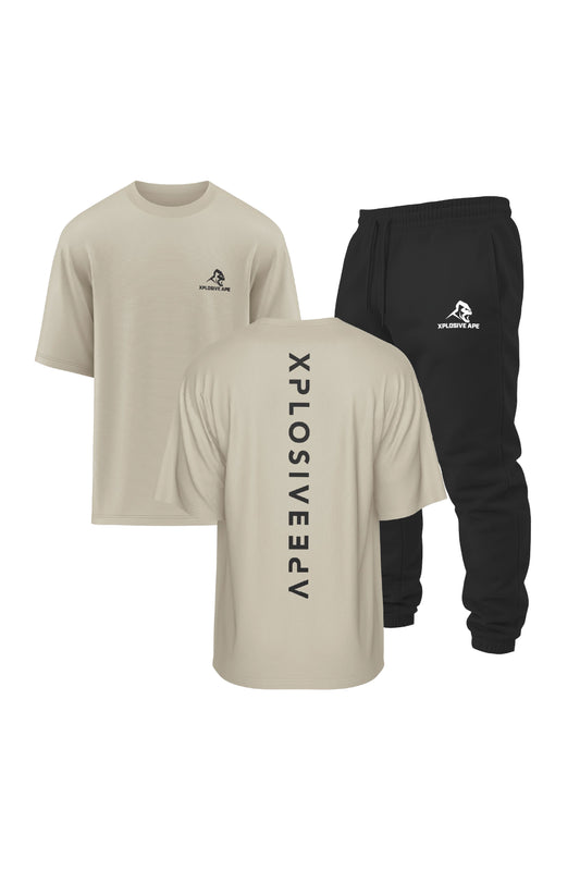 XAPE Futuristic V2 Oversized Tee & Classic Logo Joggers Combo - Sand/Black