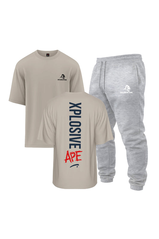 XAPE Graffiti V2 Oversized Tee & Classic Logo Joggers Combo - Sand/Ash Grey