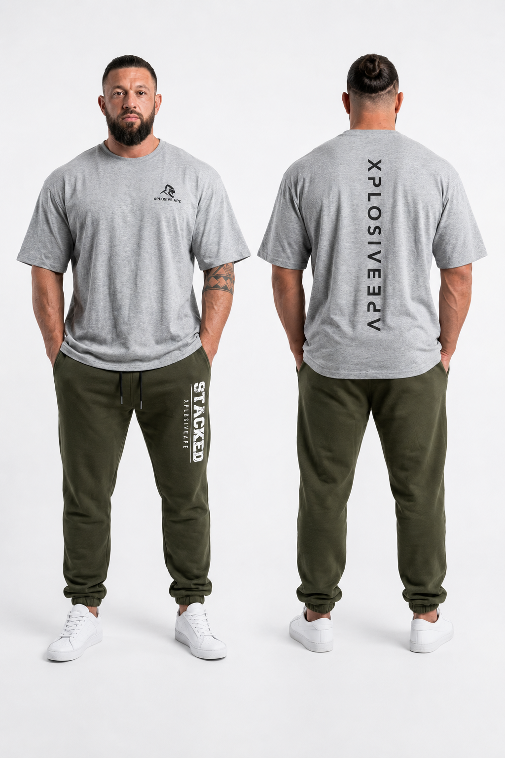 XAPE Futuristic Tee & Stacked Joggers Combo - Sports Grey/Khaki