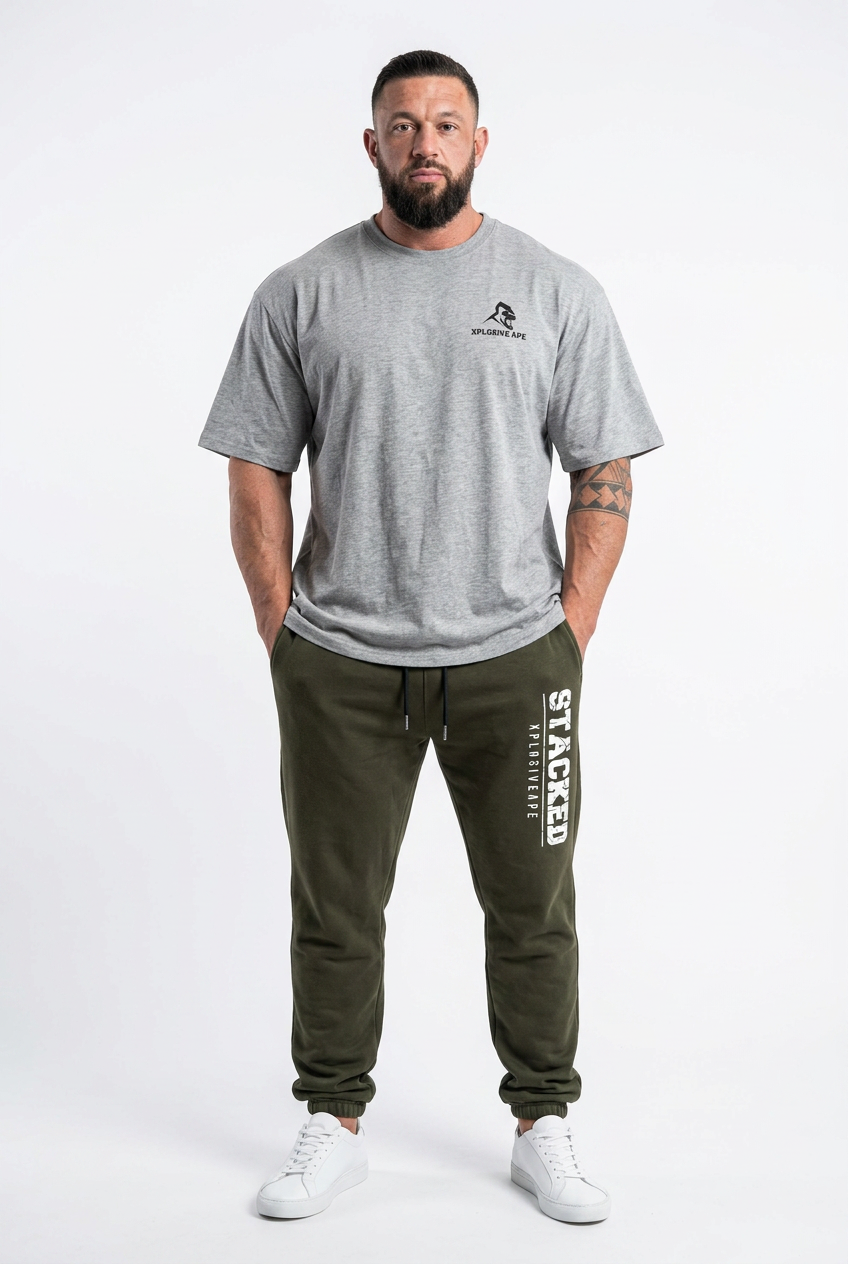 XAPE Futuristic Tee & Stacked Joggers Combo - Sports Grey/Khaki